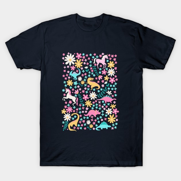 Floral Burst of Dinosaurs and Unicorns in Neon T-Shirt by latheandquill